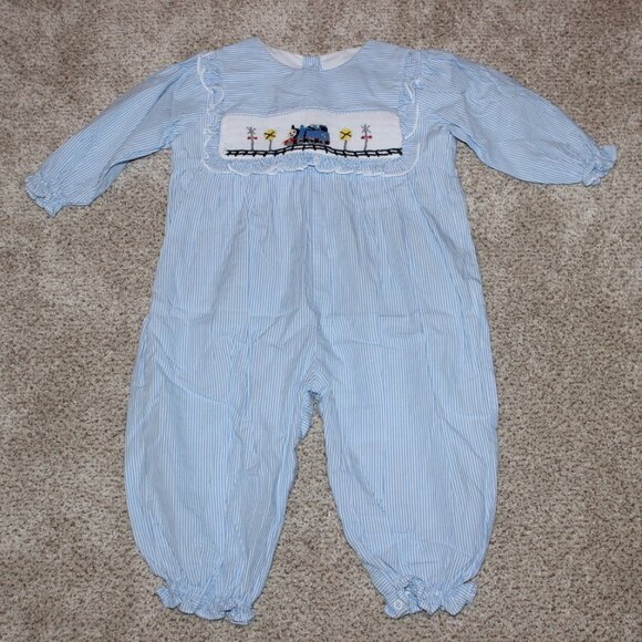 Girls Sugar Dumplin Blue Pinstripe Smocked Thomas the Train Romper Longall 24m - Picture 1 of 3